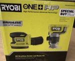 Ryobi One+ 18V Hp Brushless Compact Router & 5 In. Random Orbit Sander *sealed. Fixed Price $186.30.