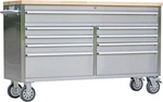 61" Mobile Tool Chest 9 Drawer Steel Cabinet Rubber Wood Top Locking Wheels. Fixed Price $1019.82.